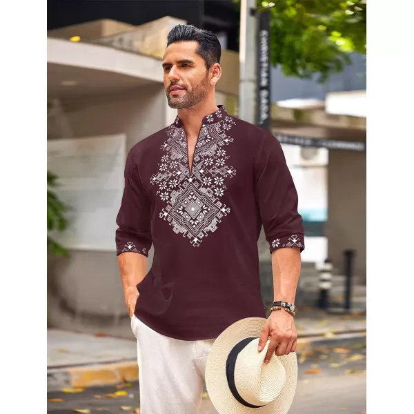 COOFANDY Men's Henley Shirt Long Sleeve Floral Print Casual Zip Up Cotton Beach Party Hippie T Shirt
