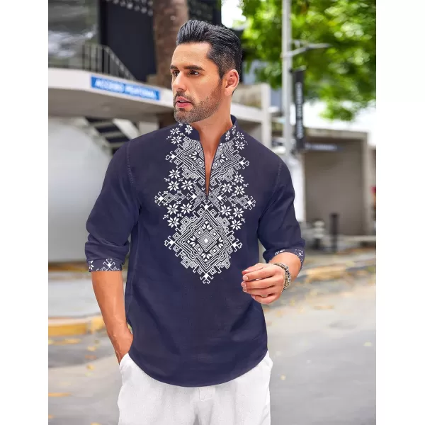 COOFANDY Men's Henley Shirt Long Sleeve Floral Print Casual Zip Up Cotton Beach Party Hippie T Shirt