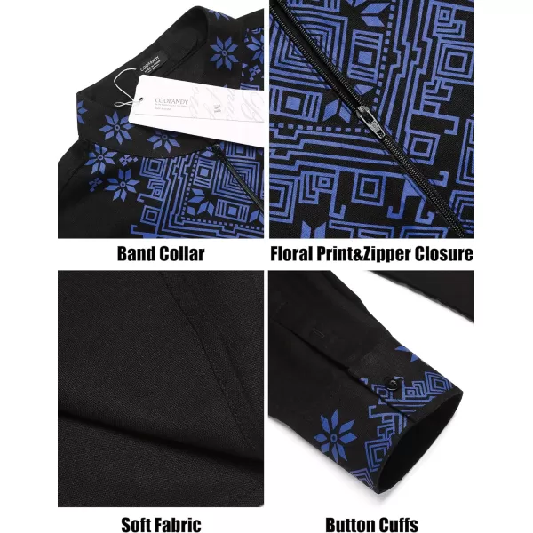 COOFANDY Men's Henley Shirt Long Sleeve Floral Print Casual Zip Up Cotton Beach Party Hippie T Shirt