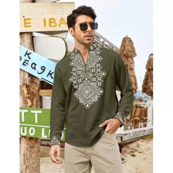 COOFANDY Men's Henley Shirt Long Sleeve Floral Print Casual Zip Up Cotton Beach Party Hippie T Shirt