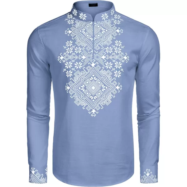 COOFANDY Men's Henley Shirt Long Sleeve Floral Print Casual Zip Up Cotton Beach Party Hippie T Shirt