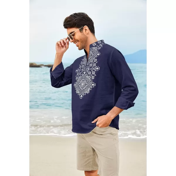 COOFANDY Men's Henley Shirt Long Sleeve Floral Print Casual Zip Up Cotton Beach Party Hippie T Shirt
