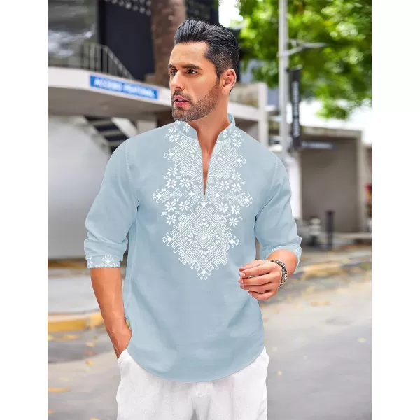 COOFANDY Men's Henley Shirt Long Sleeve Floral Print Casual Zip Up Cotton Beach Party Hippie T Shirt