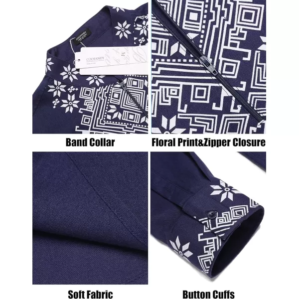 COOFANDY Men's Henley Shirt Long Sleeve Floral Print Casual Zip Up Cotton Beach Party Hippie T Shirt