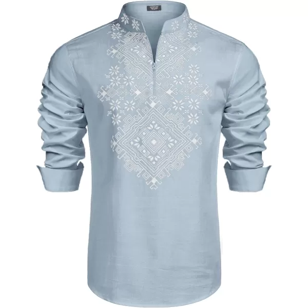 COOFANDY Men's Henley Shirt Long Sleeve Floral Print Casual Zip Up Cotton Beach Party Hippie T Shirt