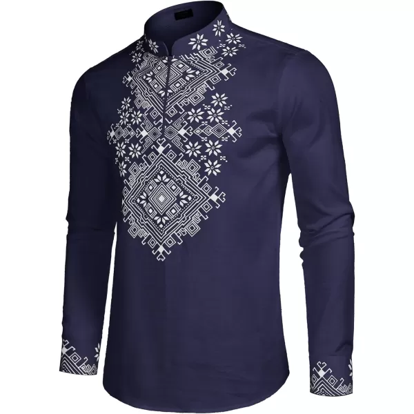 COOFANDY Men's Henley Shirt Long Sleeve Floral Print Casual Zip Up Cotton Beach Party Hippie T Shirt