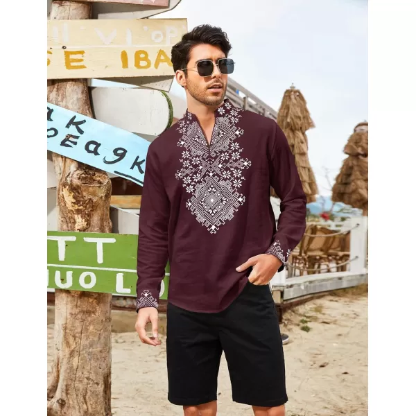 COOFANDY Men's Henley Shirt Long Sleeve Floral Print Casual Zip Up Cotton Beach Party Hippie T Shirt