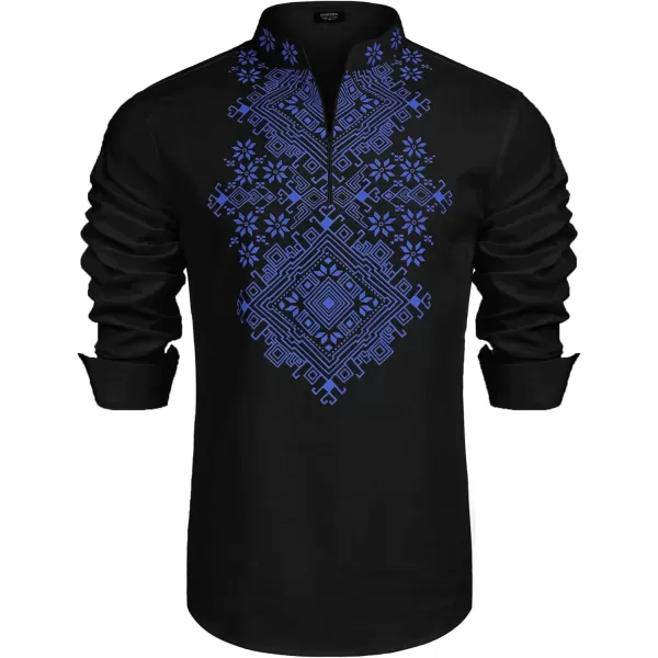 COOFANDY Men's Henley Shirt Long Sleeve Floral Print Casual Zip Up Cotton Beach Party Hippie T Shirt