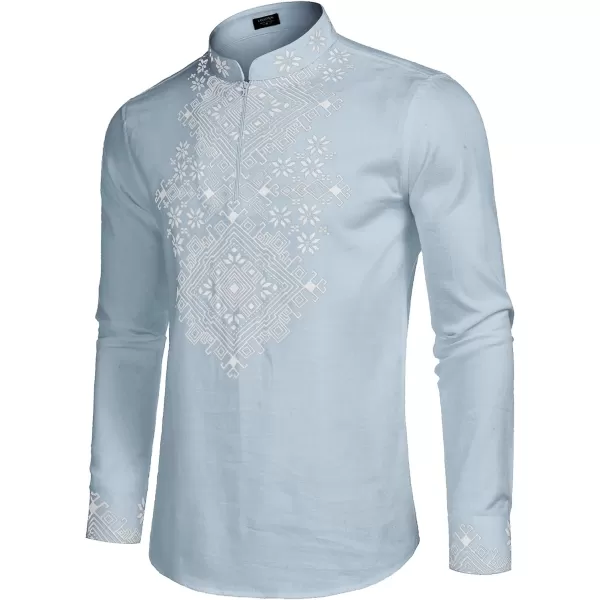 COOFANDY Men's Henley Shirt Long Sleeve Floral Print Casual Zip Up Cotton Beach Party Hippie T Shirt