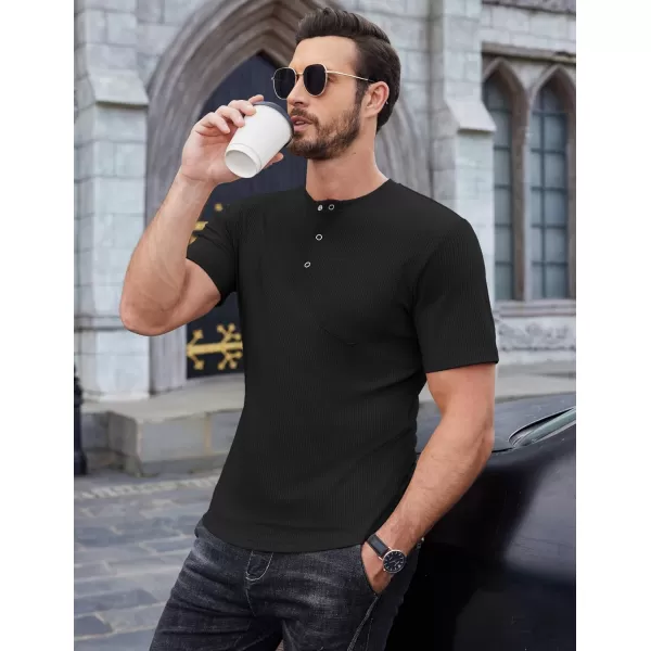 COOFANDY Mens Henley Shirts Short Sleeve Tshirt Basic Button Tees Summer Ribbed Pocket T Shirt Casual Stretch Tops