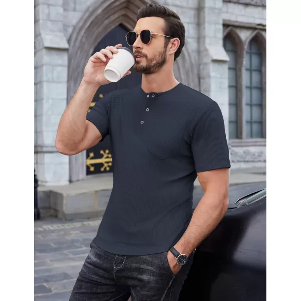 COOFANDY Mens Henley Shirts Short Sleeve Tshirt Basic Button Tees Summer Ribbed Pocket T Shirt Casual Stretch Tops