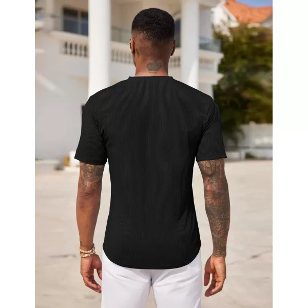 COOFANDY Mens Henley Shirts Short Sleeve Tshirt Basic Button Tees Summer Ribbed Pocket T Shirt Casual Stretch Tops