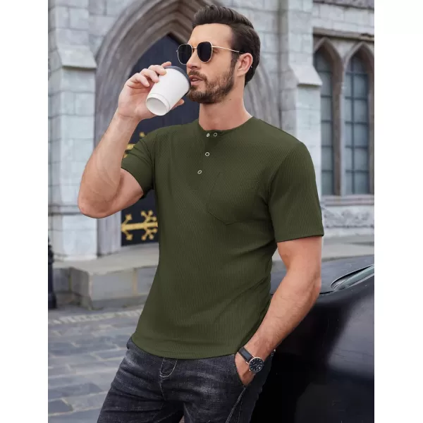 COOFANDY Mens Henley Shirts Short Sleeve Tshirt Basic Button Tees Summer Ribbed Pocket T Shirt Casual Stretch Tops
