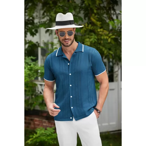 COOFANDY Men's Knit Button Down Shirt Vintage Short Sleeve Polo Shirts Casual Beach Tops