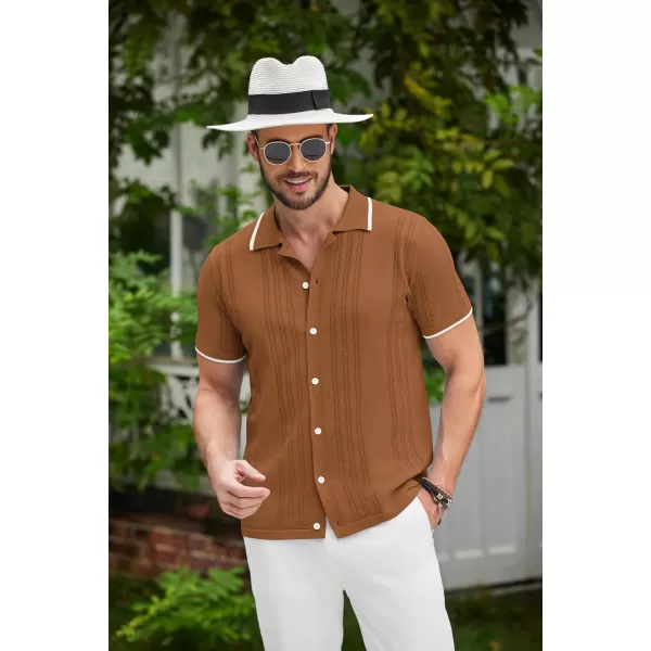 COOFANDY Men's Knit Button Down Shirt Vintage Short Sleeve Polo Shirts Casual Beach Tops