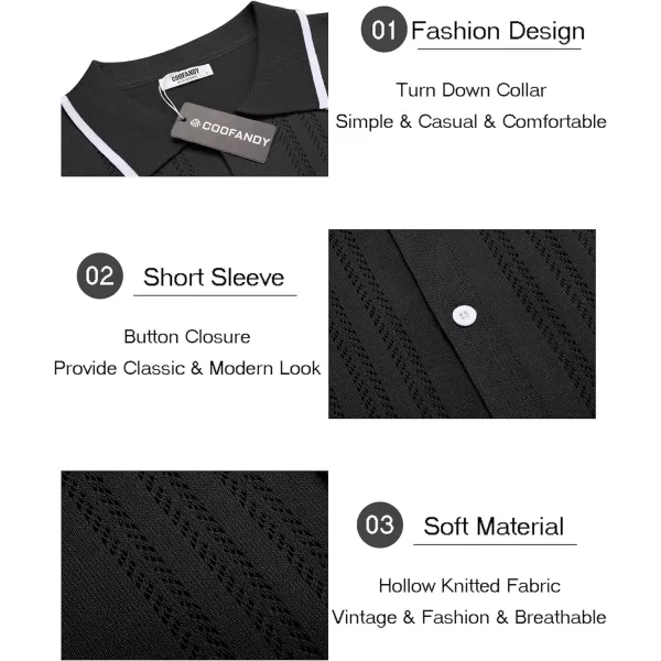 COOFANDY Men's Knit Button Down Shirt Vintage Short Sleeve Polo Shirts Casual Beach Tops