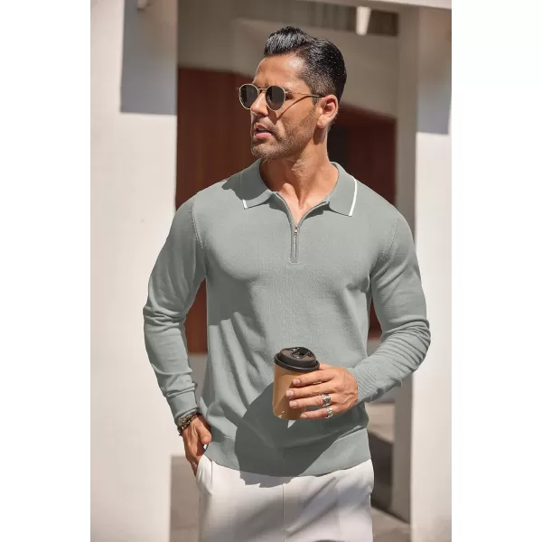 COOFANDY Men's Knit Polo Shirt Long Sleeve Quarter Zip Polo Sweater Casual Golf Shirts Vintage Striped Collar Polo