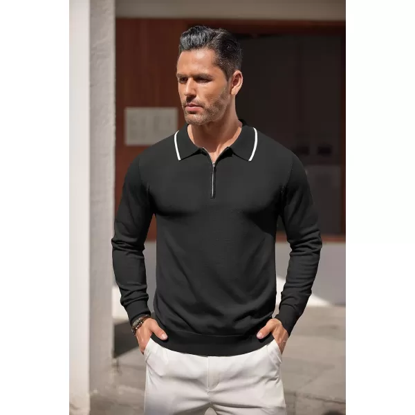 COOFANDY Men's Knit Polo Shirt Long Sleeve Quarter Zip Polo Sweater Casual Golf Shirts Vintage Striped Collar Polo