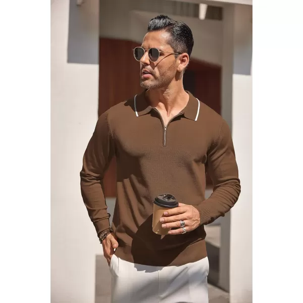 COOFANDY Men's Knit Polo Shirt Long Sleeve Quarter Zip Polo Sweater Casual Golf Shirts Vintage Striped Collar Polo