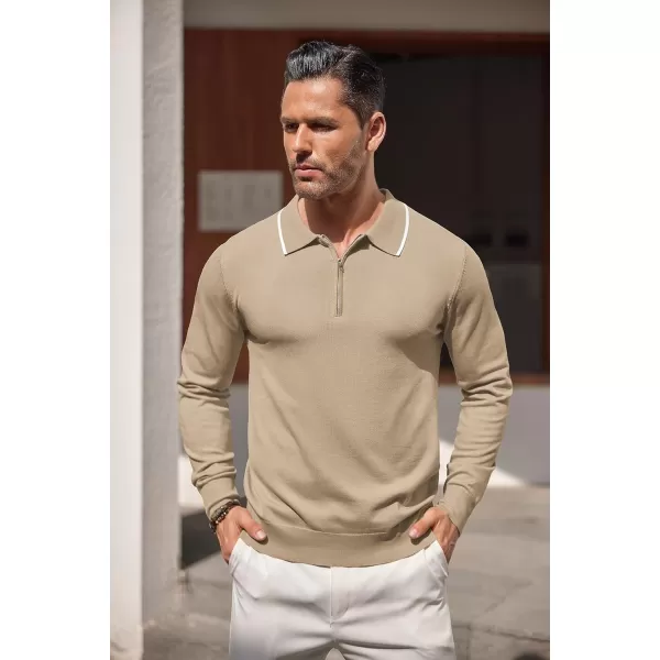 COOFANDY Men's Knit Polo Shirt Long Sleeve Quarter Zip Polo Sweater Casual Golf Shirts Vintage Striped Collar Polo
