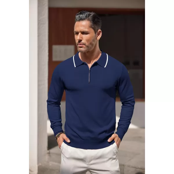 COOFANDY Men's Knit Polo Shirt Long Sleeve Quarter Zip Polo Sweater Casual Golf Shirts Vintage Striped Collar Polo