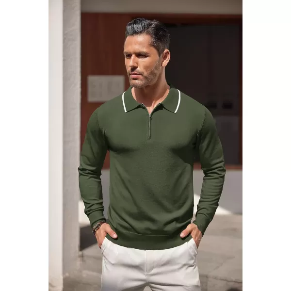 COOFANDY Men's Knit Polo Shirt Long Sleeve Quarter Zip Polo Sweater Casual Golf Shirts Vintage Striped Collar Polo