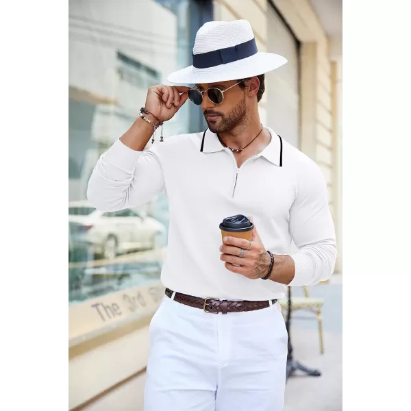 COOFANDY Men's Knit Polo Shirt Long Sleeve Quarter Zip Polo Sweater Casual Golf Shirts Vintage Striped Collar Polo