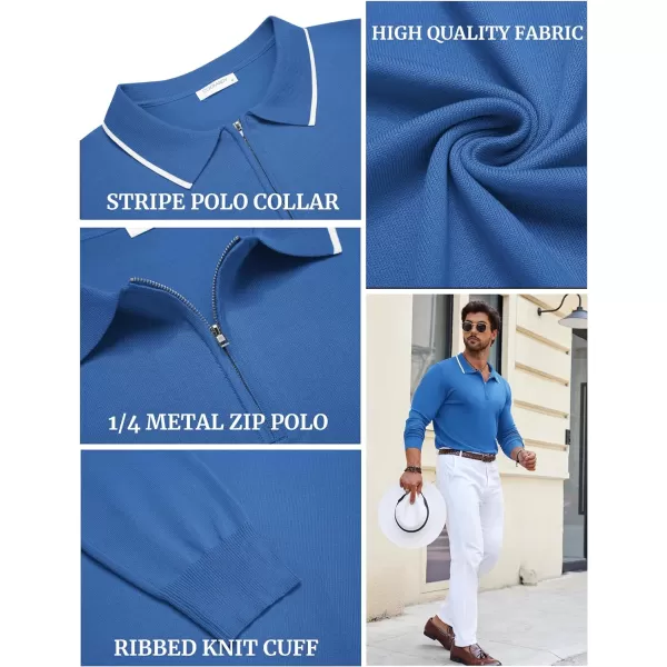 COOFANDY Men's Knit Polo Shirt Long Sleeve Quarter Zip Polo Sweater Casual Golf Shirts Vintage Striped Collar Polo