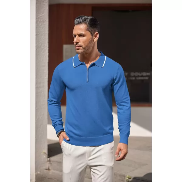 COOFANDY Men's Knit Polo Shirt Long Sleeve Quarter Zip Polo Sweater Casual Golf Shirts Vintage Striped Collar Polo