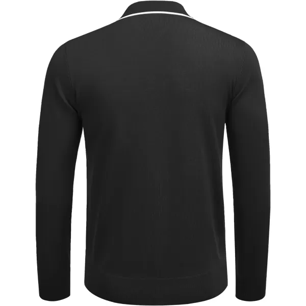 COOFANDY Men's Knit Polo Shirt Long Sleeve Quarter Zip Polo Sweater Casual Golf Shirts Vintage Striped Collar Polo