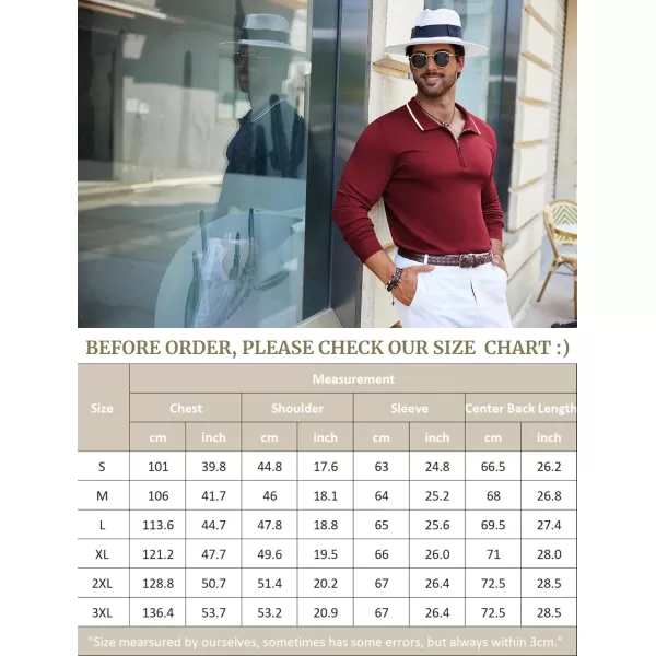 COOFANDY Men's Knit Polo Shirt Long Sleeve Quarter Zip Polo Sweater Casual Golf Shirts Vintage Striped Collar Polo