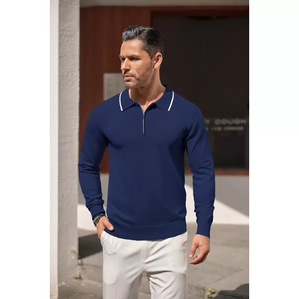 COOFANDY Men's Knit Polo Shirt Long Sleeve Quarter Zip Polo Sweater Casual Golf Shirts Vintage Striped Collar Polo