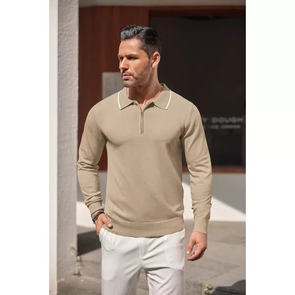 COOFANDY Men's Knit Polo Shirt Long Sleeve Quarter Zip Polo Sweater Casual Golf Shirts Vintage Striped Collar Polo