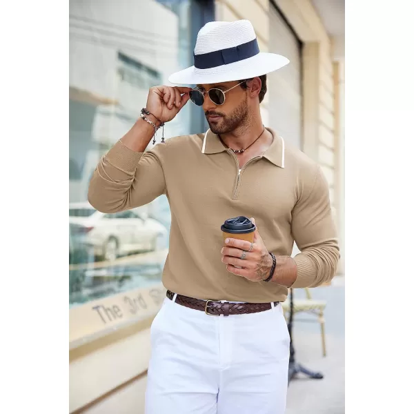 COOFANDY Men's Knit Polo Shirt Long Sleeve Quarter Zip Polo Sweater Casual Golf Shirts Vintage Striped Collar Polo