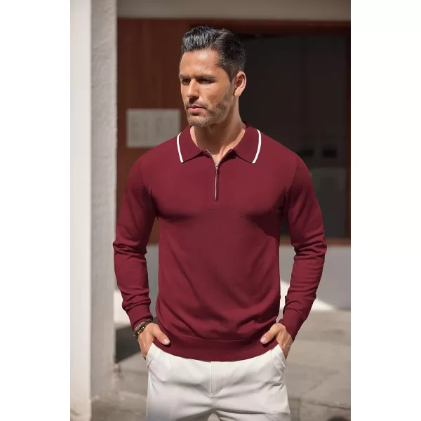 COOFANDY Men's Knit Polo Shirt Long Sleeve Quarter Zip Polo Sweater Casual Golf Shirts Vintage Striped Collar Polo