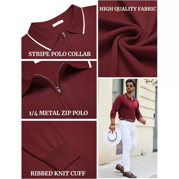 COOFANDY Men's Knit Polo Shirt Long Sleeve Quarter Zip Polo Sweater Casual Golf Shirts Vintage Striped Collar Polo