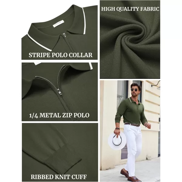 COOFANDY Men's Knit Polo Shirt Long Sleeve Quarter Zip Polo Sweater Casual Golf Shirts Vintage Striped Collar Polo