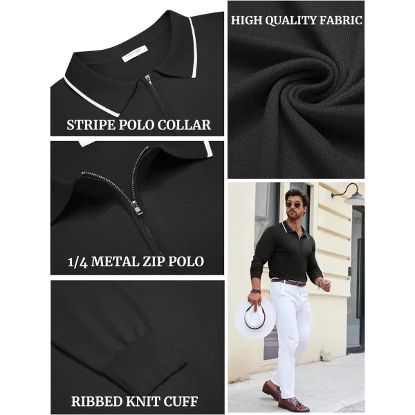 COOFANDY Men's Knit Polo Shirt Long Sleeve Quarter Zip Polo Sweater Casual Golf Shirts Vintage Striped Collar Polo