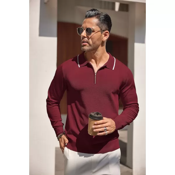 COOFANDY Men's Knit Polo Shirt Long Sleeve Quarter Zip Polo Sweater Casual Golf Shirts Vintage Striped Collar Polo