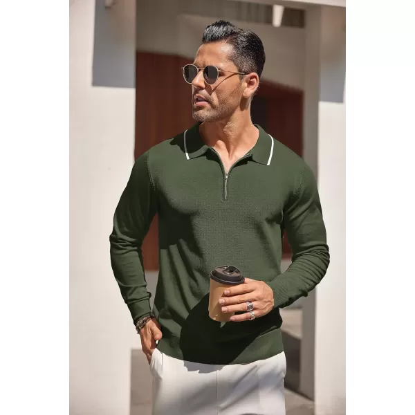 COOFANDY Men's Knit Polo Shirt Long Sleeve Quarter Zip Polo Sweater Casual Golf Shirts Vintage Striped Collar Polo