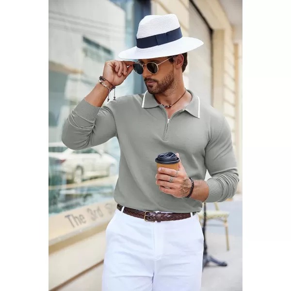 COOFANDY Men's Knit Polo Shirt Long Sleeve Quarter Zip Polo Sweater Casual Golf Shirts Vintage Striped Collar Polo