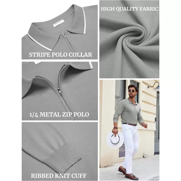 COOFANDY Men's Knit Polo Shirt Long Sleeve Quarter Zip Polo Sweater Casual Golf Shirts Vintage Striped Collar Polo