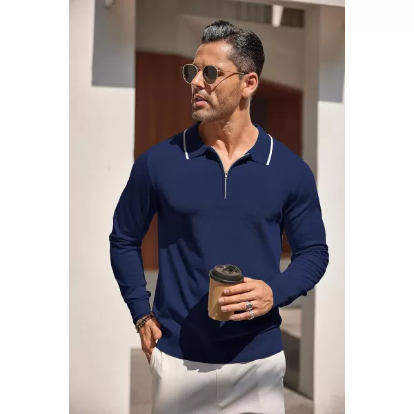 COOFANDY Men's Knit Polo Shirt Long Sleeve Quarter Zip Polo Sweater Casual Golf Shirts Vintage Striped Collar Polo