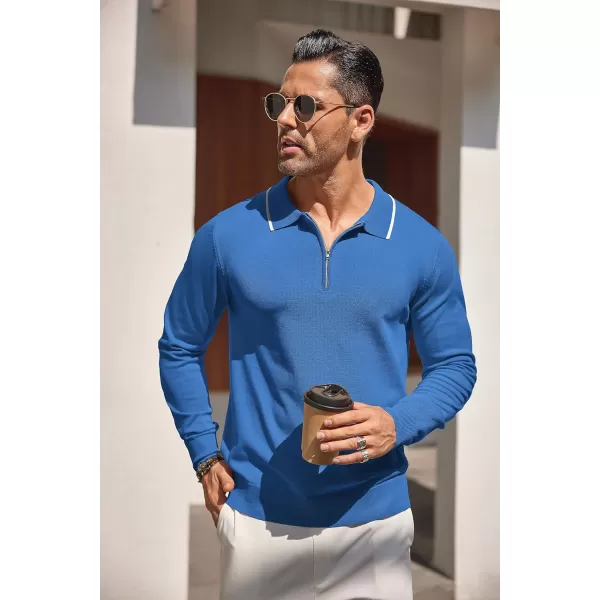 COOFANDY Men's Knit Polo Shirt Long Sleeve Quarter Zip Polo Sweater Casual Golf Shirts Vintage Striped Collar Polo