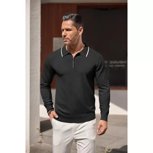 COOFANDY Men's Knit Polo Shirt Long Sleeve Quarter Zip Polo Sweater Casual Golf Shirts Vintage Striped Collar Polo