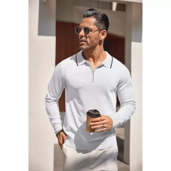 COOFANDY Men's Knit Polo Shirt Long Sleeve Quarter Zip Polo Sweater Casual Golf Shirts Vintage Striped Collar Polo