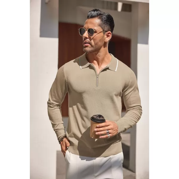 COOFANDY Men's Knit Polo Shirt Long Sleeve Quarter Zip Polo Sweater Casual Golf Shirts Vintage Striped Collar Polo