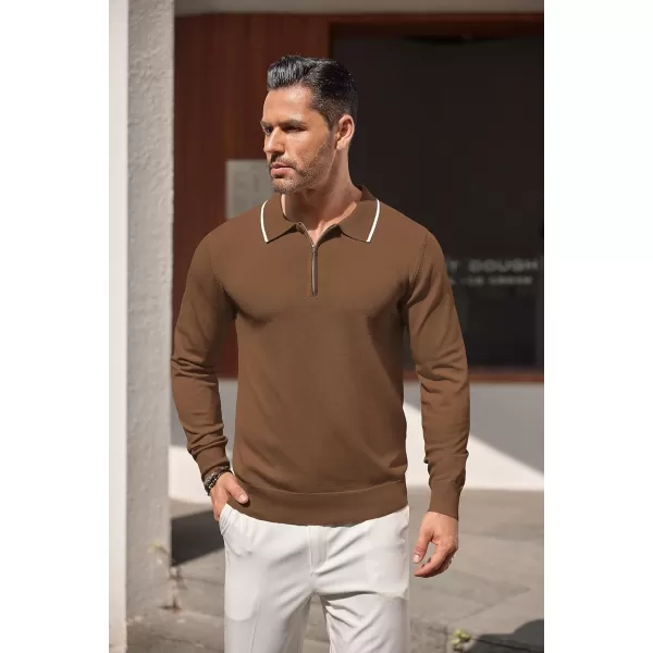 COOFANDY Men's Knit Polo Shirt Long Sleeve Quarter Zip Polo Sweater Casual Golf Shirts Vintage Striped Collar Polo