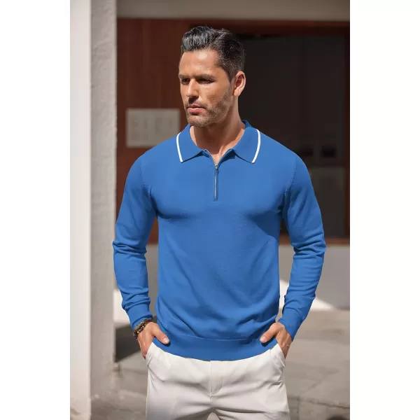 COOFANDY Men's Knit Polo Shirt Long Sleeve Quarter Zip Polo Sweater Casual Golf Shirts Vintage Striped Collar Polo