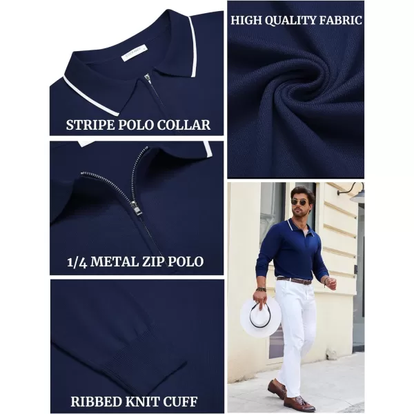COOFANDY Men's Knit Polo Shirt Long Sleeve Quarter Zip Polo Sweater Casual Golf Shirts Vintage Striped Collar Polo
